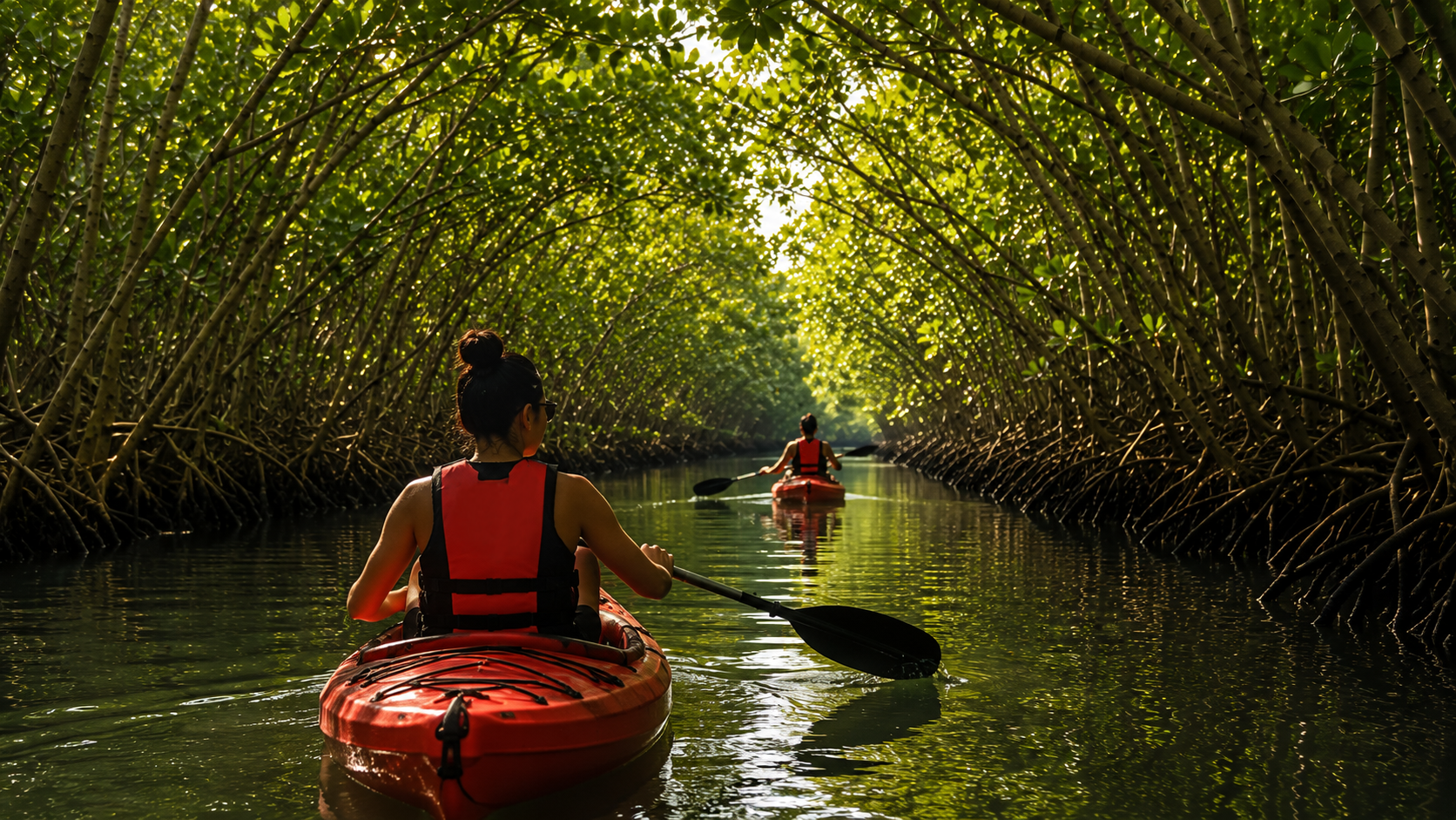 Kayakers paddling through golden light on a calm lagoon